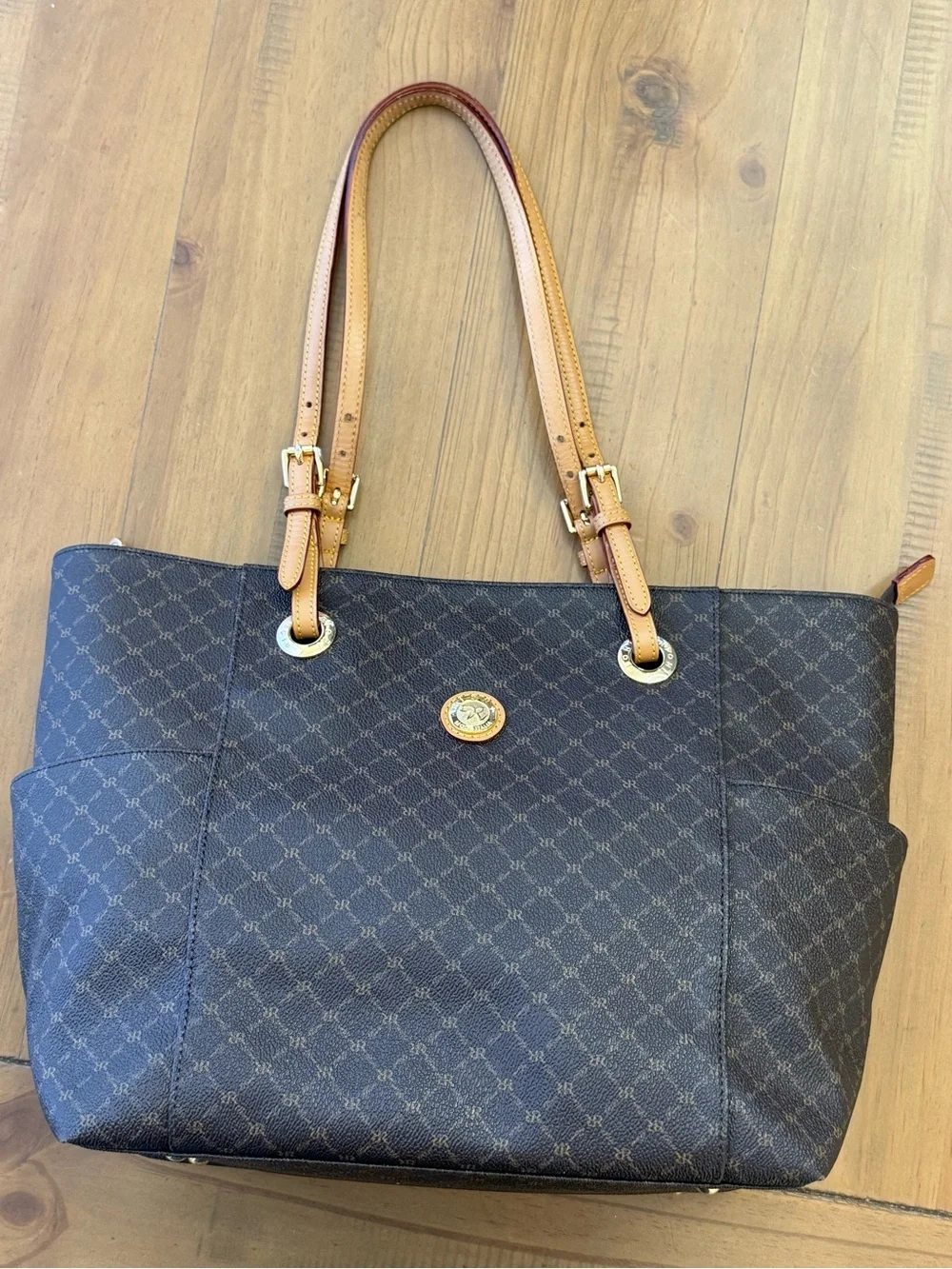 Rioni Moda Italia Canvas Tote Shoulder Bag Brown Monogram Print Handbag J9836Y